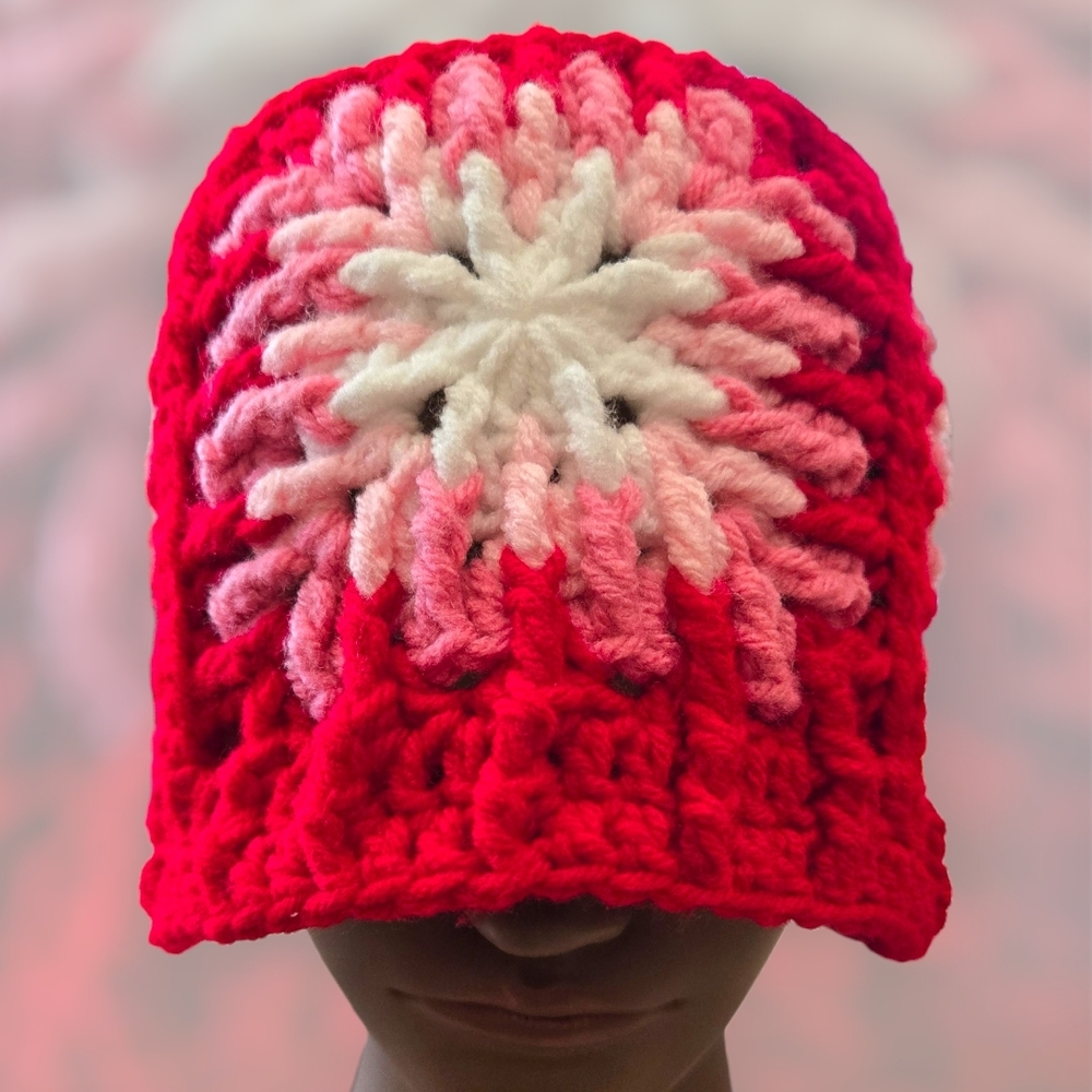 Snowflake Red/Pink Granny Square Bucket Hat, Handmade By Me, Premium Yarn, OFFER